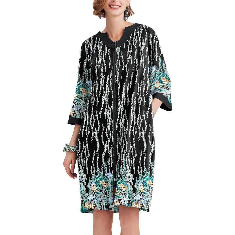imageEkouaer Women Zipper Robe 34 Sleeve Nightgowns Lightweight Short Bathrobe with Pockets S3XLGreen Leaves