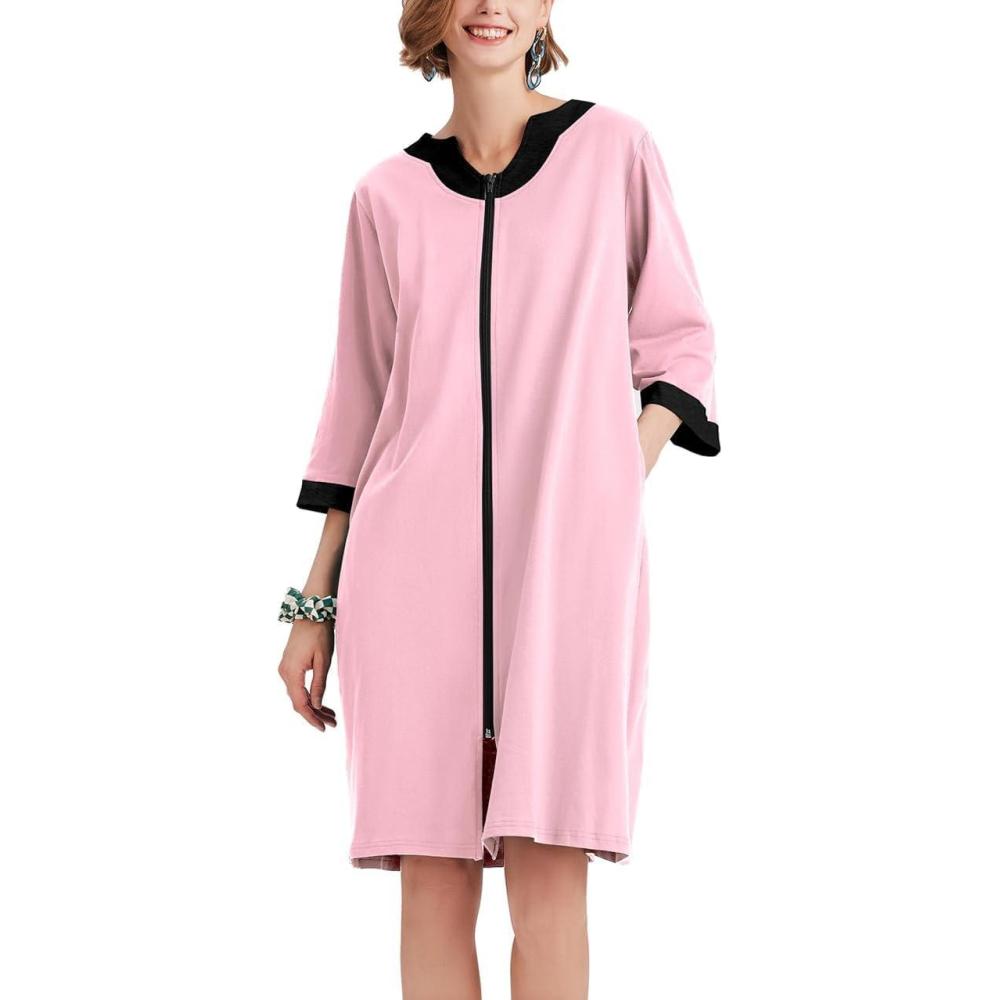imageEkouaer Women Zipper Robe 34 Sleeve Nightgowns Lightweight Short Bathrobe with Pockets S3XLPink