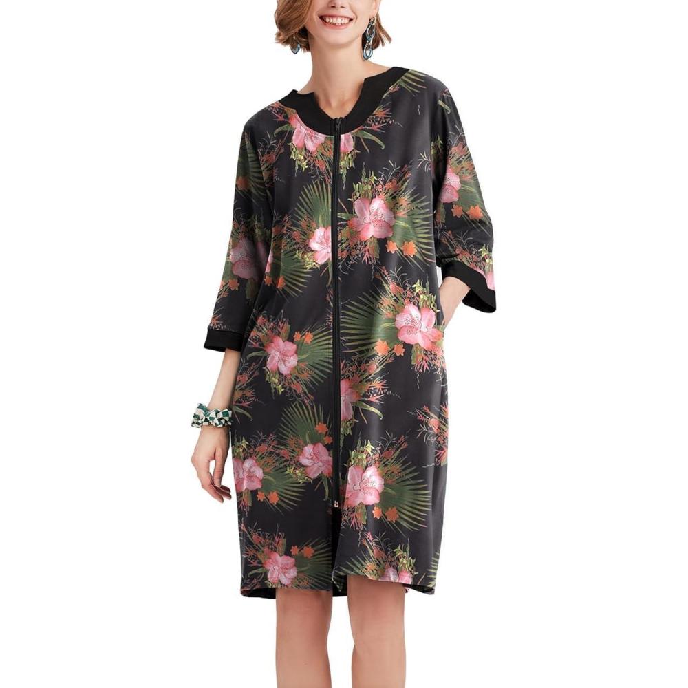 imageEkouaer Women Zipper Robe 34 Sleeve Nightgowns Lightweight Short Bathrobe with Pockets S3XLPink Flower