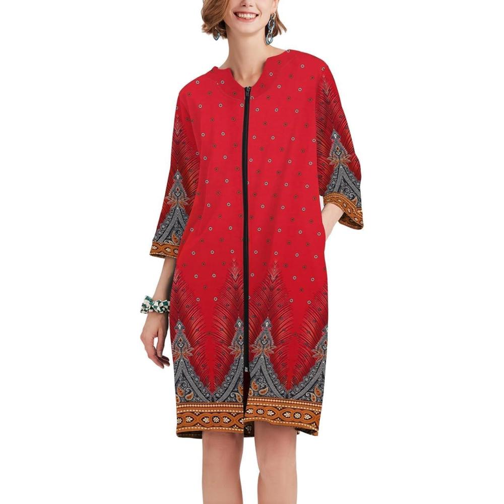 imageEkouaer Women Zipper Robe 34 Sleeve Nightgowns Lightweight Short Bathrobe with Pockets S3XLRed Leaves