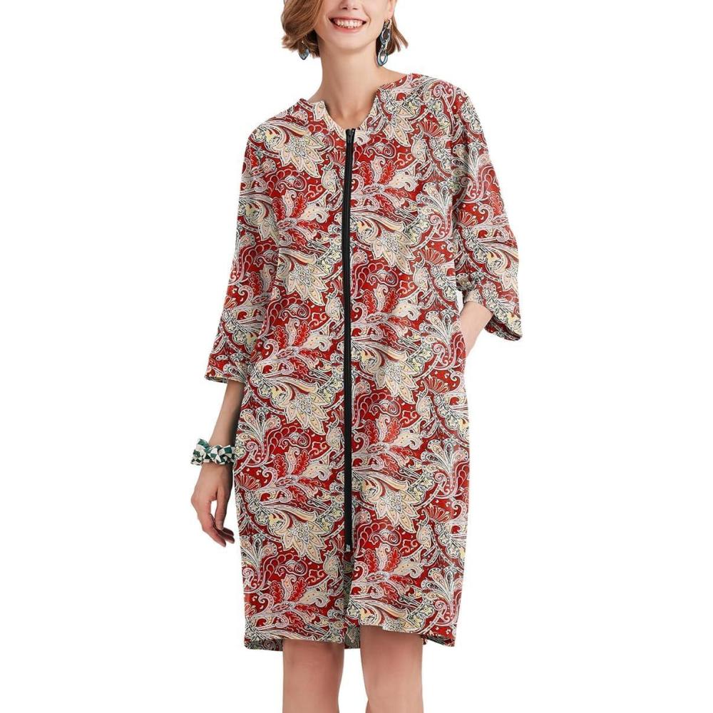 imageEkouaer Women Zipper Robe 34 Sleeve Nightgowns Lightweight Short Bathrobe with Pockets S3XLRed Print