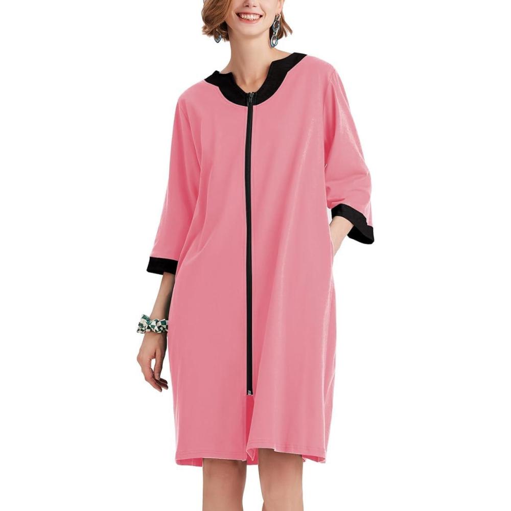 imageEkouaer Women Zipper Robe 34 Sleeve Nightgowns Lightweight Short Bathrobe with Pockets S3XLRose Pink