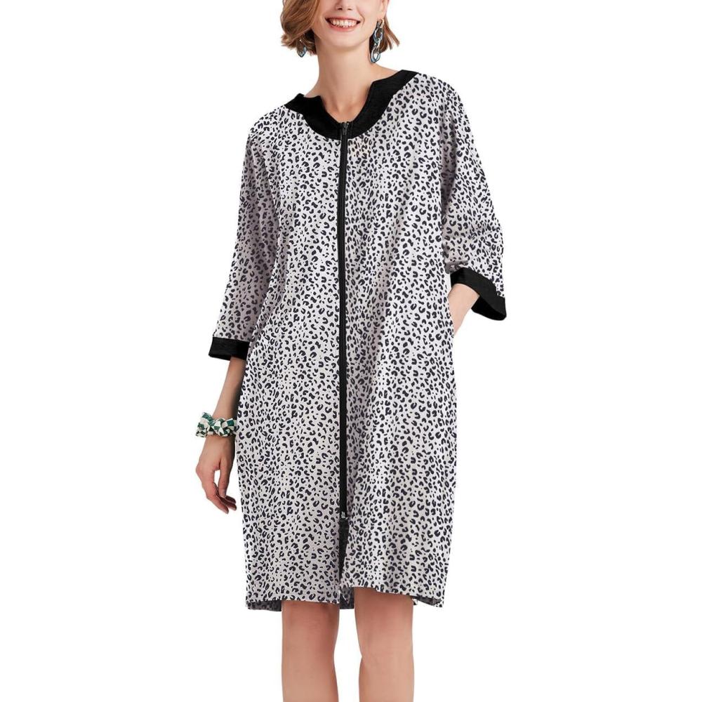 imageEkouaer Women Zipper Robe 34 Sleeve Nightgowns Lightweight Short Bathrobe with Pockets S3XLWhite Leopard