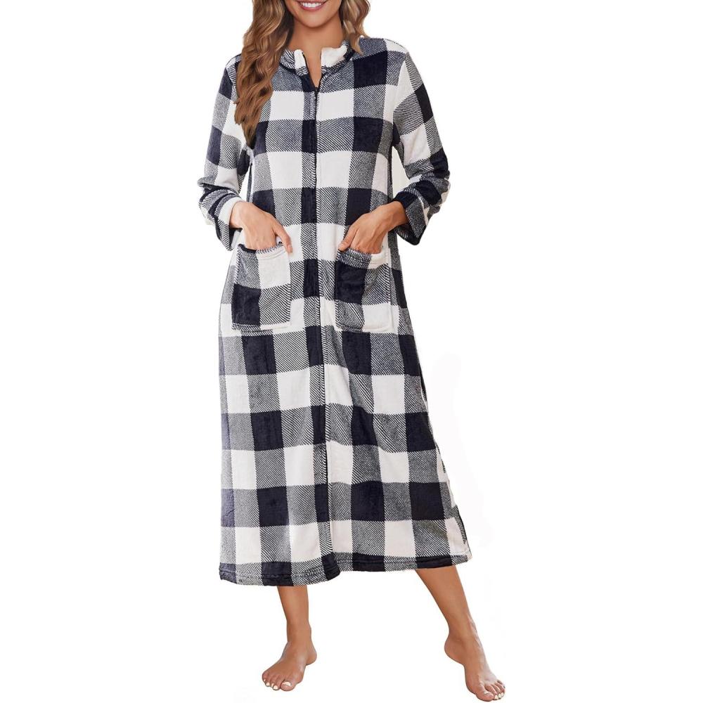 imageEkouaer Women Zipper Robe Fleece Long Sleeves Bathrobe Sleepwear Warm Soft Housecoat with Pockets Zip Up House DressesBlack White Plaid
