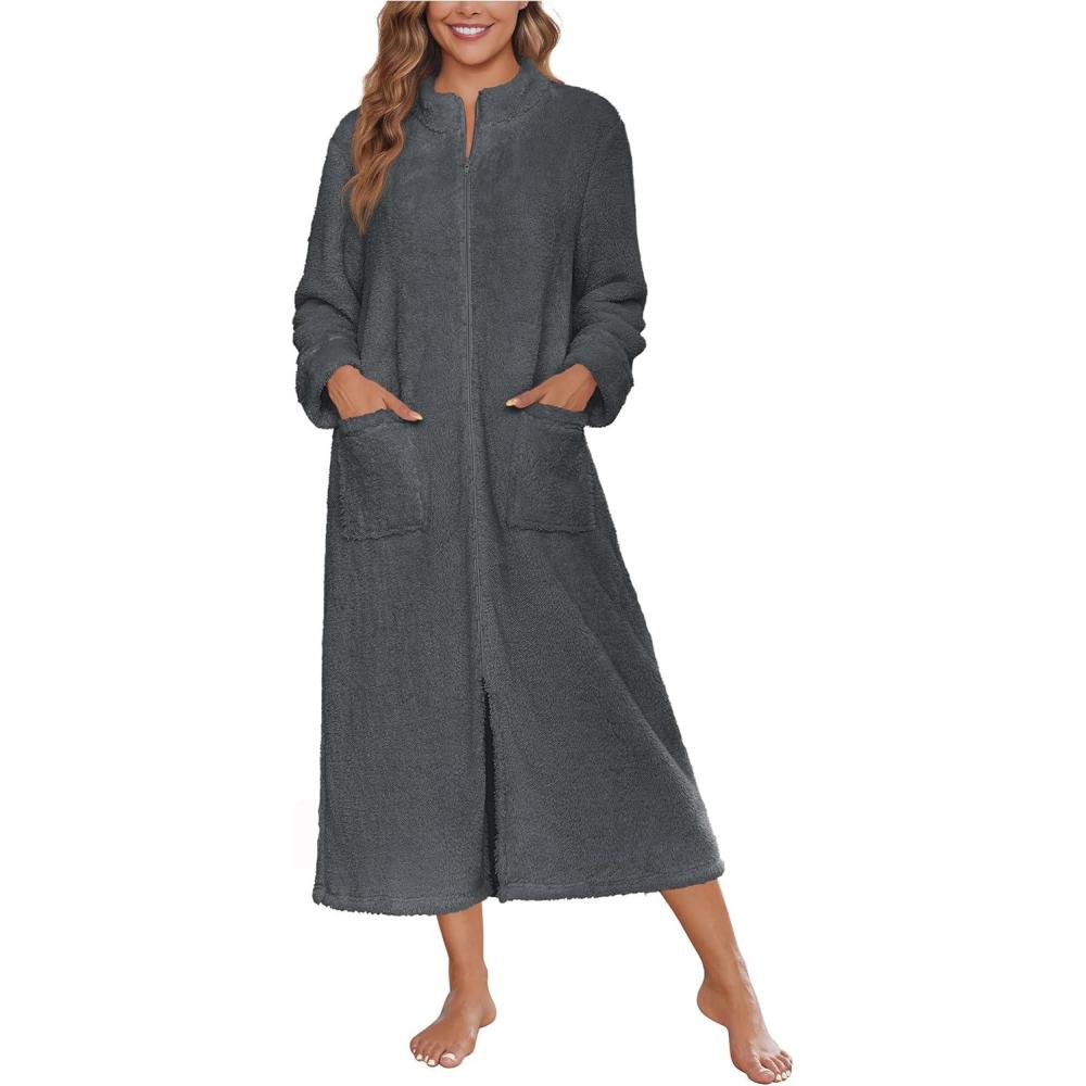imageEkouaer Women Zipper Robe Fleece Long Sleeves Bathrobe Sleepwear Warm Soft Housecoat with Pockets Zip Up House DressesDeep Grey
