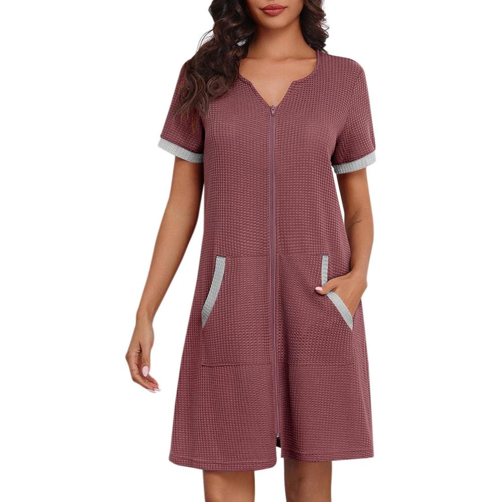 imageEkouaer Women Zipper Robe Waffle Short Sleeve Bathrobes Lightweight Knee Length Housecoat with Pockets S3XLRosy Gray Purple