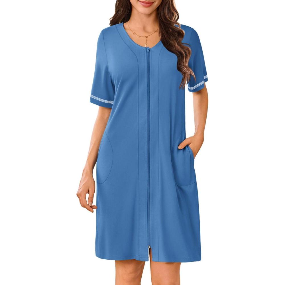 imageEkouaer Women Zipper Robes Short Sleeves Housecoat Lightweight Bathrobes Zip Up Robe Casual Nightgown with Pockets S2XLDark Blue