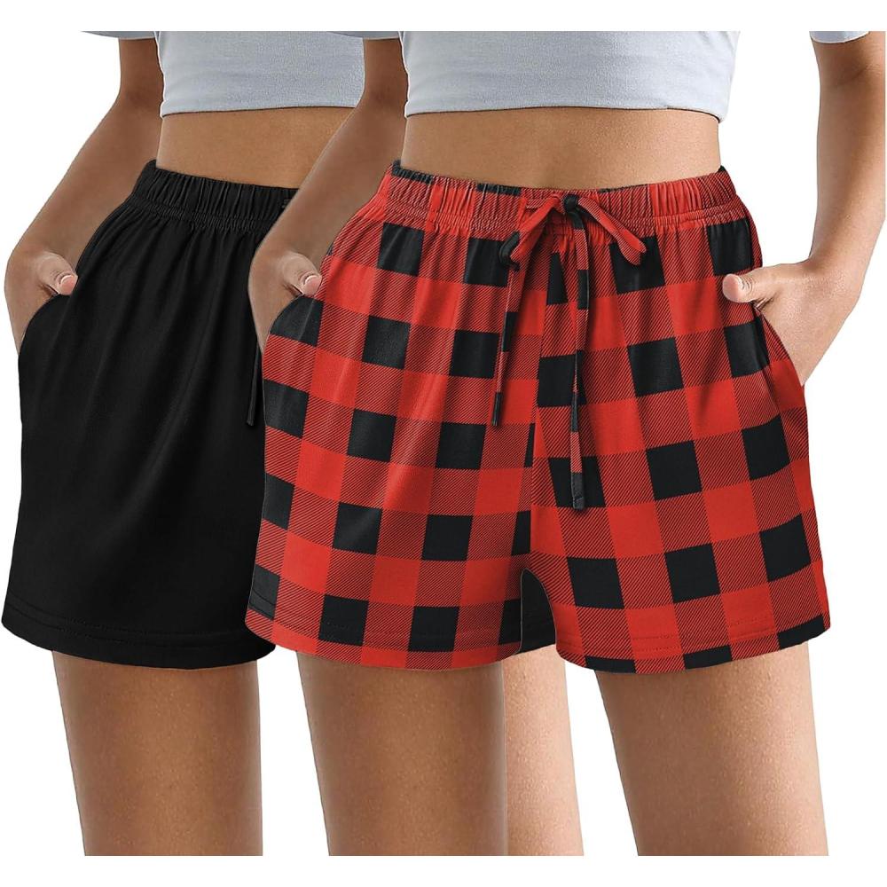 imageEkouaer Womens 2 Pack Pajama Shorts Comfy Lounge Bottom Y2k Printed Sleep Short with Pockets Pj Bottoms SXXLBlackRedblack Plaid