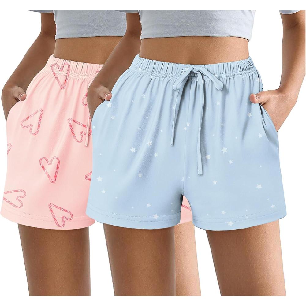 imageEkouaer Womens 2 Pack Pajama Shorts Comfy Lounge Bottom Y2k Printed Sleep Short with Pockets Pj Bottoms SXXLBlue StarPink Heart