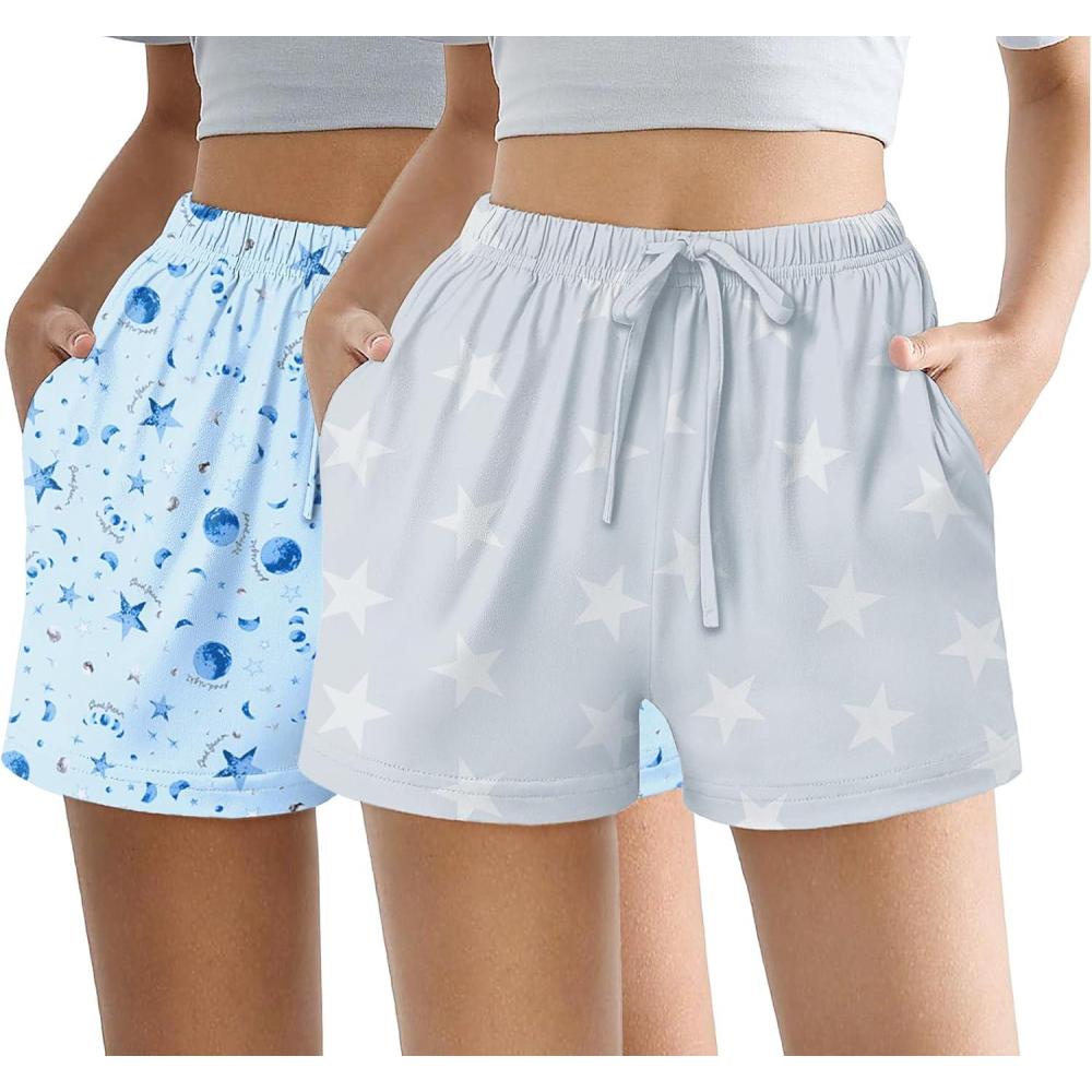imageEkouaer Womens 2 Pack Pajama Shorts Comfy Lounge Bottom Y2k Printed Sleep Short with Pockets Pj Bottoms SXXLGrey StarBlue Star
