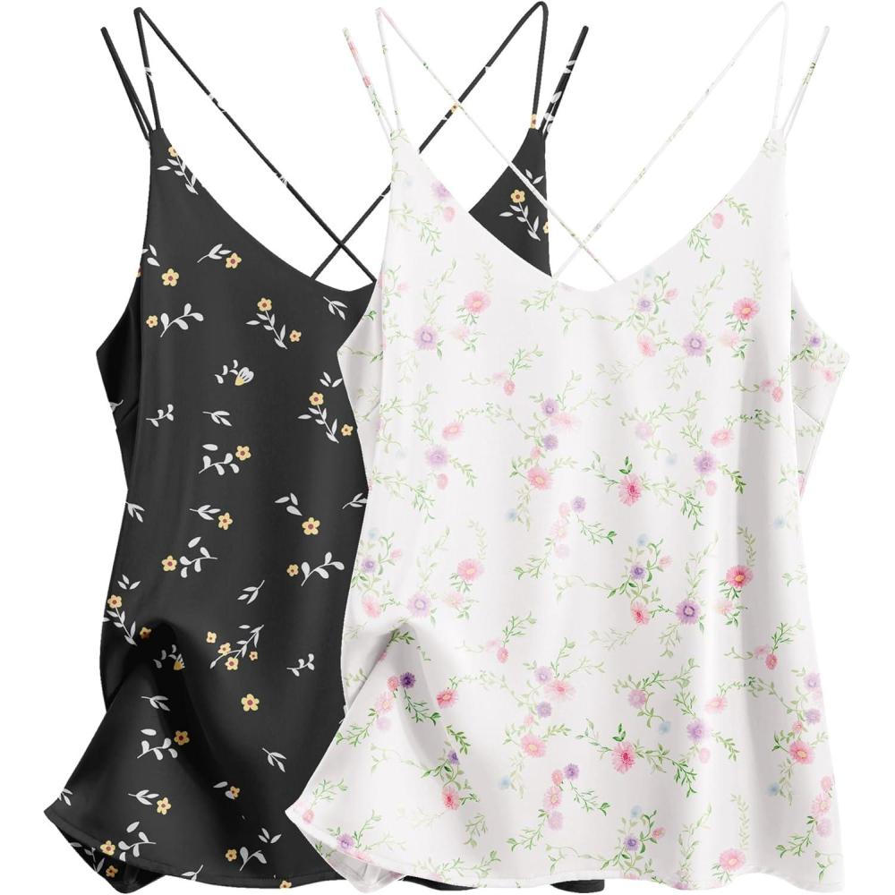 imageEkouaer Womens 2Pack Silk Satin Camisole Tank Top V Neck Sexy Cross Back Spaghetti Strap Cami Sleeveless Lounge Tops SXXLBlack Floralwhite Floral