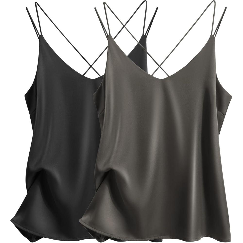 imageEkouaer Womens 2Pack Silk Satin Camisole Tank Top V Neck Sexy Cross Back Spaghetti Strap Cami Sleeveless Lounge Tops SXXLBlackdark Grey
