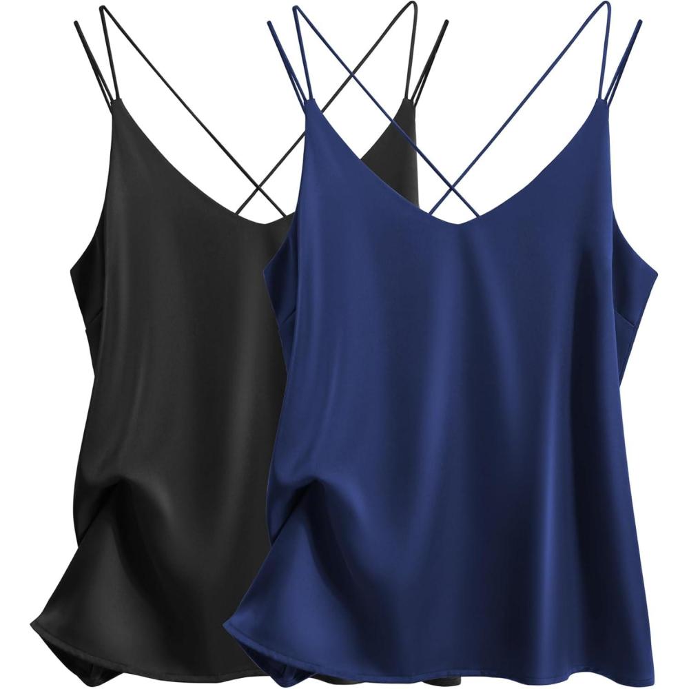 imageEkouaer Womens 2Pack Silk Satin Camisole Tank Top V Neck Sexy Cross Back Spaghetti Strap Cami Sleeveless Lounge Tops SXXLBlacknavy Blue