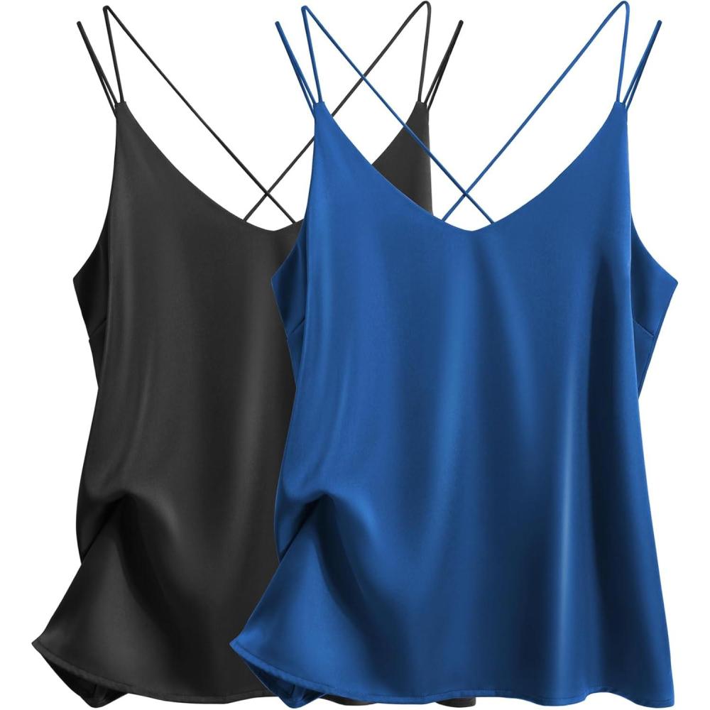 imageEkouaer Womens 2Pack Silk Satin Camisole Tank Top V Neck Sexy Cross Back Spaghetti Strap Cami Sleeveless Lounge Tops SXXLBlacksnorkel Blue
