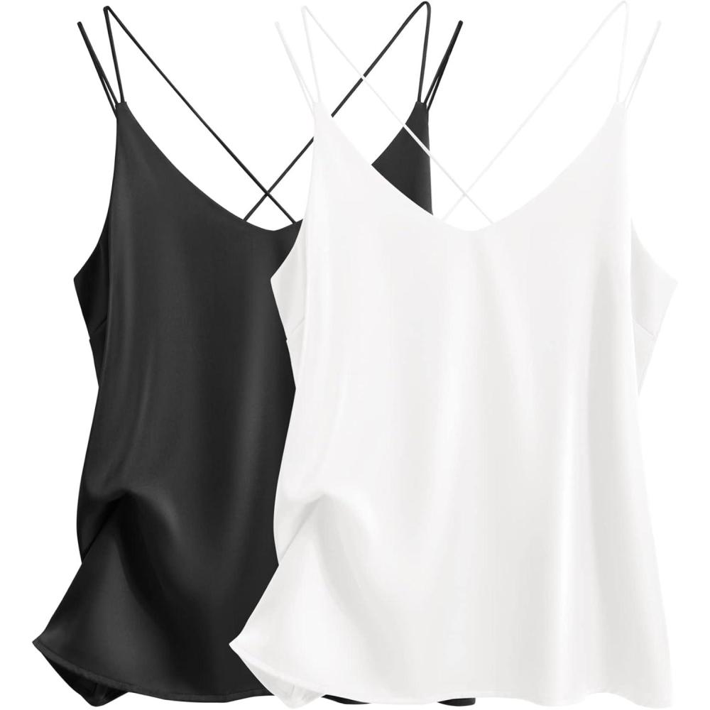 imageEkouaer Womens 2Pack Silk Satin Camisole Tank Top V Neck Sexy Cross Back Spaghetti Strap Cami Sleeveless Lounge Tops SXXLBlackwhite