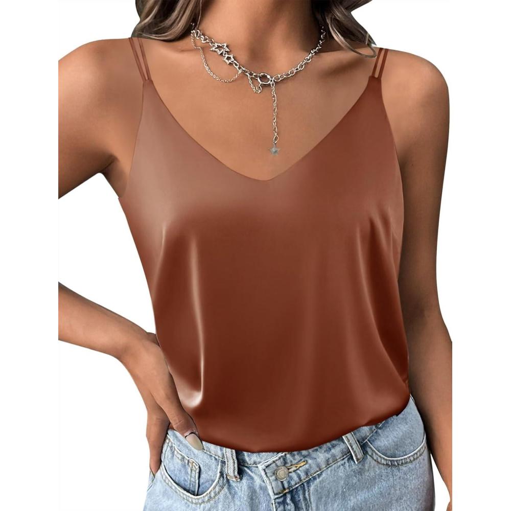 imageEkouaer Womens 2Pack Silk Satin Camisole Tank Top V Neck Sexy Cross Back Spaghetti Strap Cami Sleeveless Lounge Tops SXXLCaramel