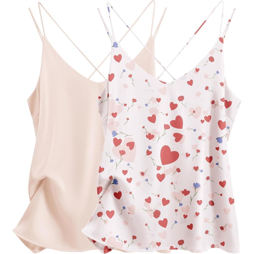 imageEkouaer Womens 2Pack Silk Satin Camisole Tank Top V Neck Sexy Cross Back Spaghetti Strap Cami Sleeveless Lounge Tops SXXLChampagneheart