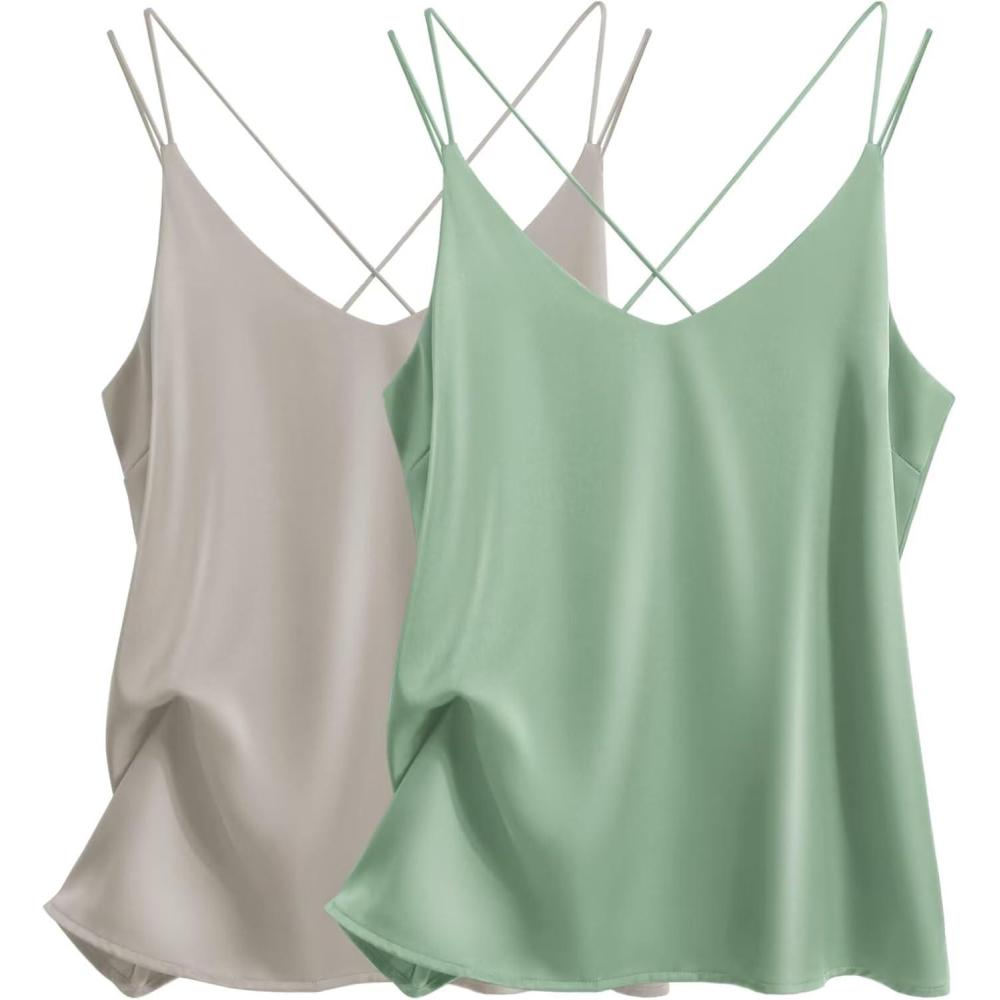 imageEkouaer Womens 2Pack Silk Satin Camisole Tank Top V Neck Sexy Cross Back Spaghetti Strap Cami Sleeveless Lounge Tops SXXLDusty Greenmisty Grey