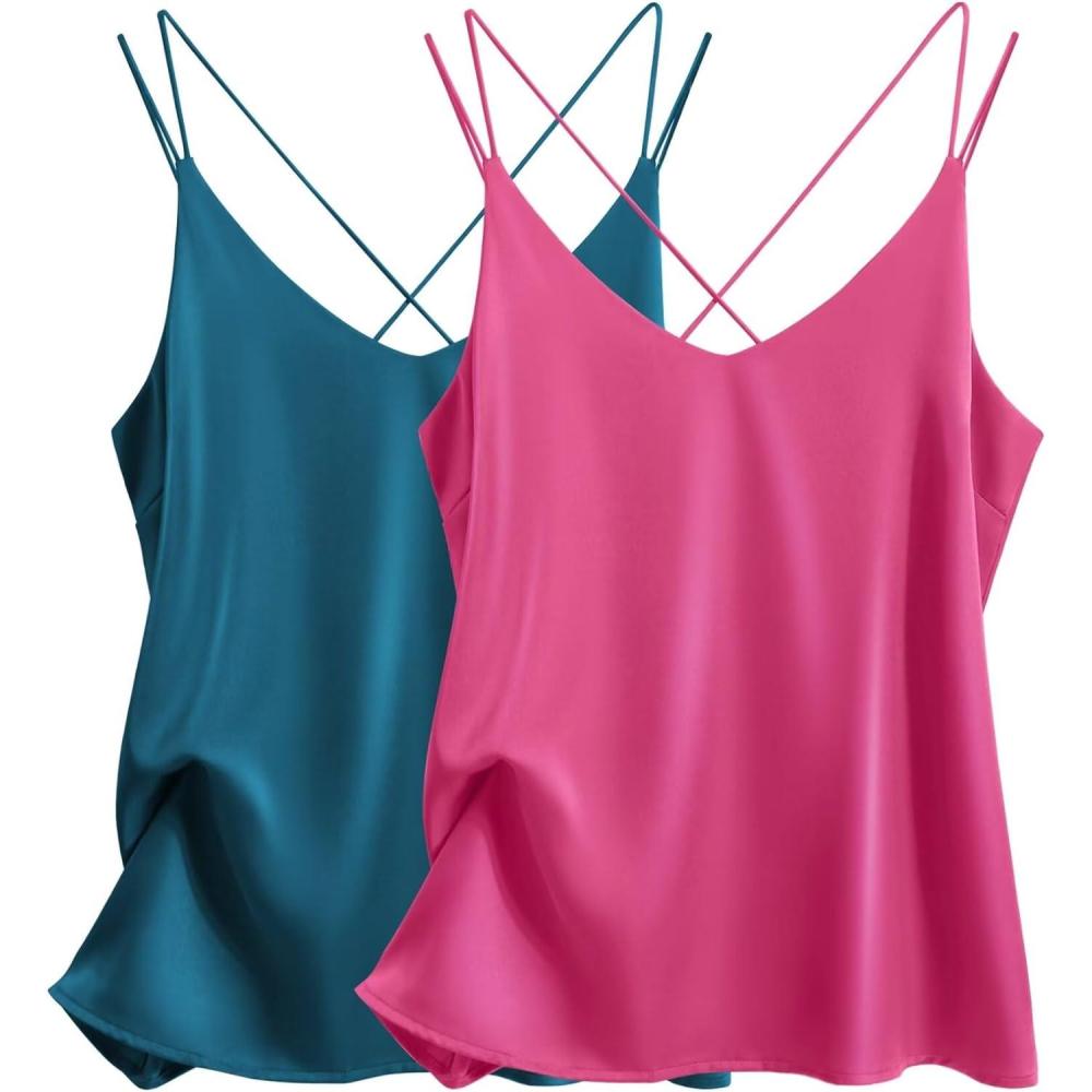 imageEkouaer Womens 2Pack Silk Satin Camisole Tank Top V Neck Sexy Cross Back Spaghetti Strap Cami Sleeveless Lounge Tops SXXLHot Pinkblue Green