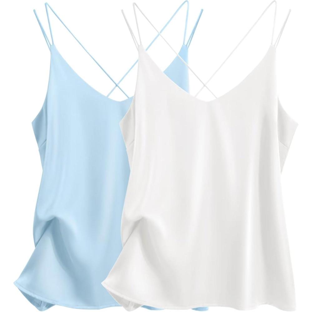 imageEkouaer Womens 2Pack Silk Satin Camisole Tank Top V Neck Sexy Cross Back Spaghetti Strap Cami Sleeveless Lounge Tops SXXLLight Bluewhite