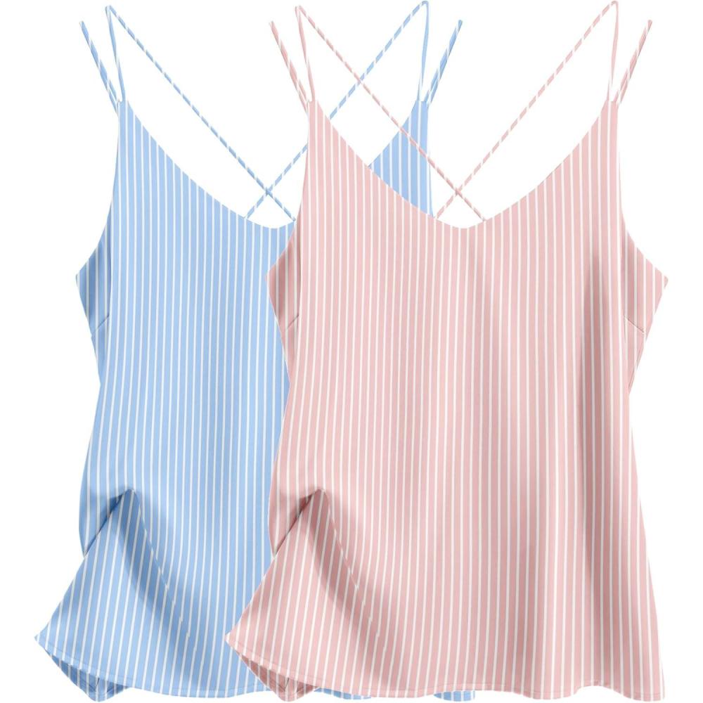 imageEkouaer Womens 2Pack Silk Satin Camisole Tank Top V Neck Sexy Cross Back Spaghetti Strap Cami Sleeveless Lounge Tops SXXLPink Stripeblue Stripe
