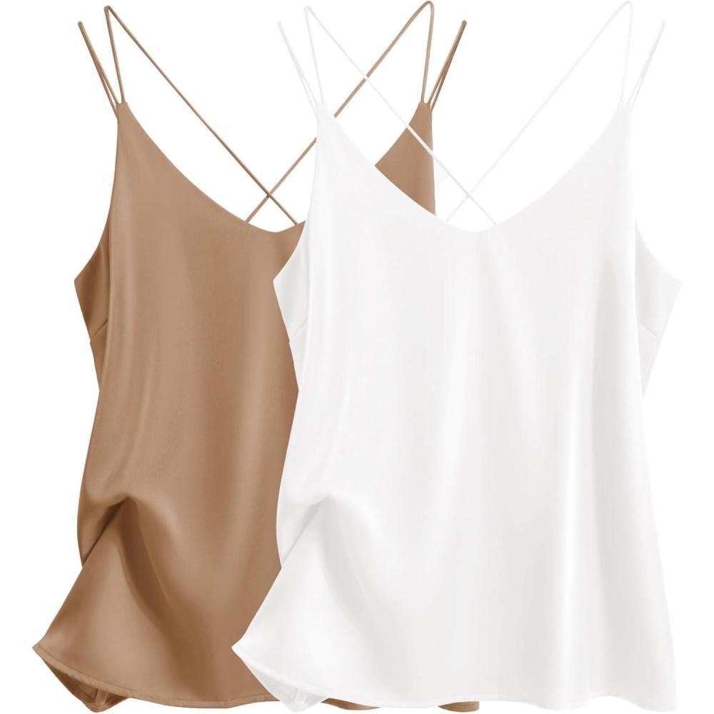 imageEkouaer Womens 2Pack Silk Satin Camisole Tank Top V Neck Sexy Cross Back Spaghetti Strap Cami Sleeveless Lounge Tops SXXLWhitekhaki