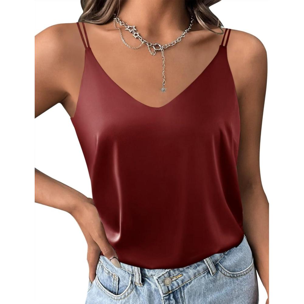 imageEkouaer Womens 2Pack Silk Satin Camisole Tank Top V Neck Sexy Cross Back Spaghetti Strap Cami Sleeveless Lounge Tops SXXLWine Red
