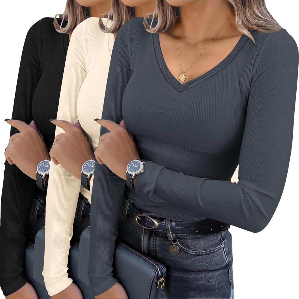 imageEkouaer Womens 3 Pack Long Sleeve Shirts V Neck Ribbed Slim Fit Basic Tops Thermal Undershirts Casual Tee XSXXLBlackBeigeDark Grey