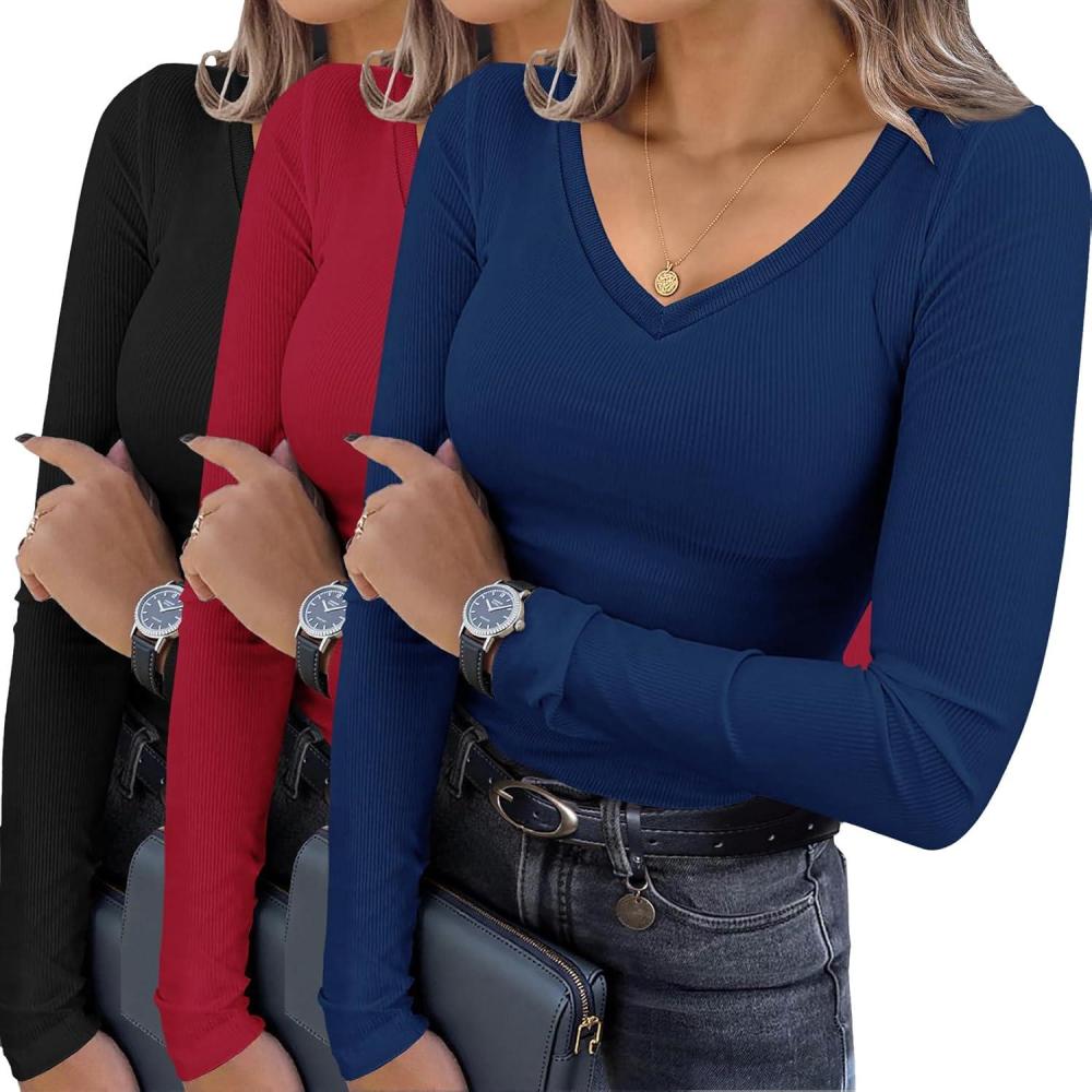 imageEkouaer Womens 3 Pack Long Sleeve Shirts V Neck Ribbed Slim Fit Basic Tops Thermal Undershirts Casual Tee XSXXLBlackNavyRed