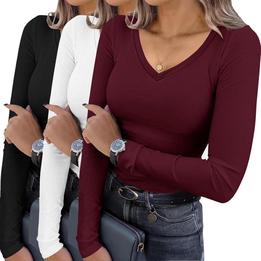imageEkouaer Womens 3 Pack Long Sleeve Shirts V Neck Ribbed Slim Fit Basic Tops Thermal Undershirts Casual Tee XSXXLBlackWhiteDark Red