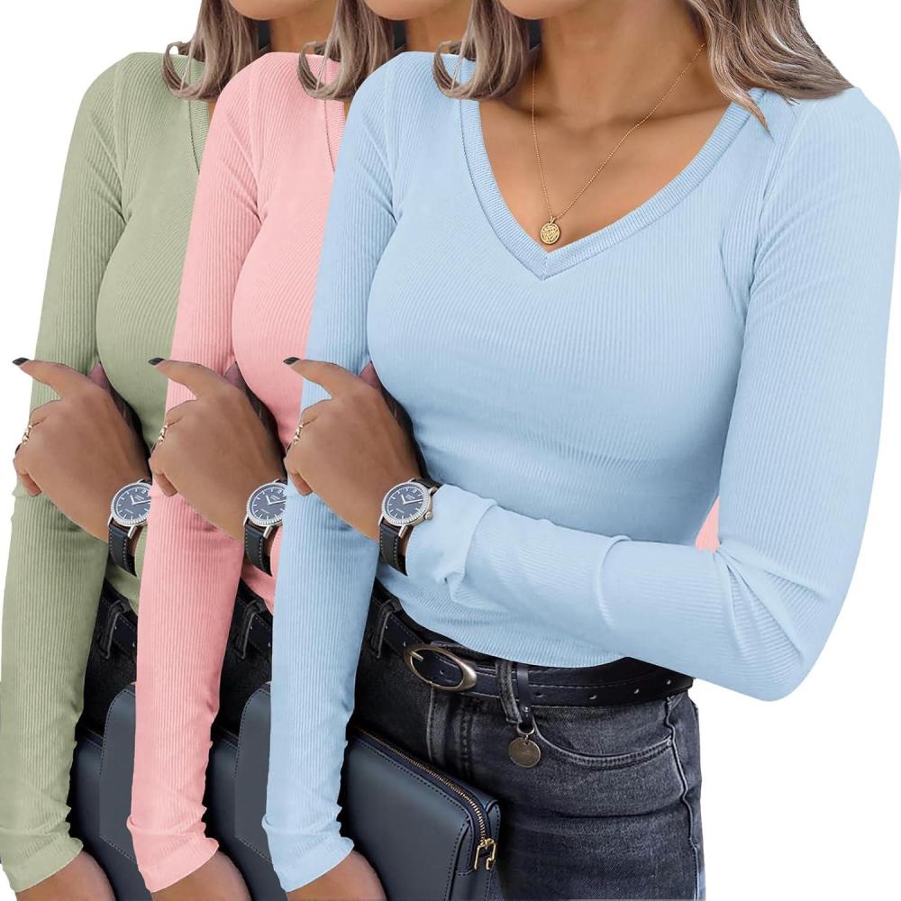 imageEkouaer Womens 3 Pack Long Sleeve Shirts V Neck Ribbed Slim Fit Basic Tops Thermal Undershirts Casual Tee XSXXLLight BluePinkLight Green