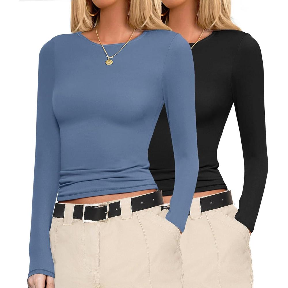 imageEkouaer Womens Long Sleeve Shirts Fitted Tops Stretchy Base Layer Basic Tight Thermal Undershirt XSXXLBlackHaze Blue