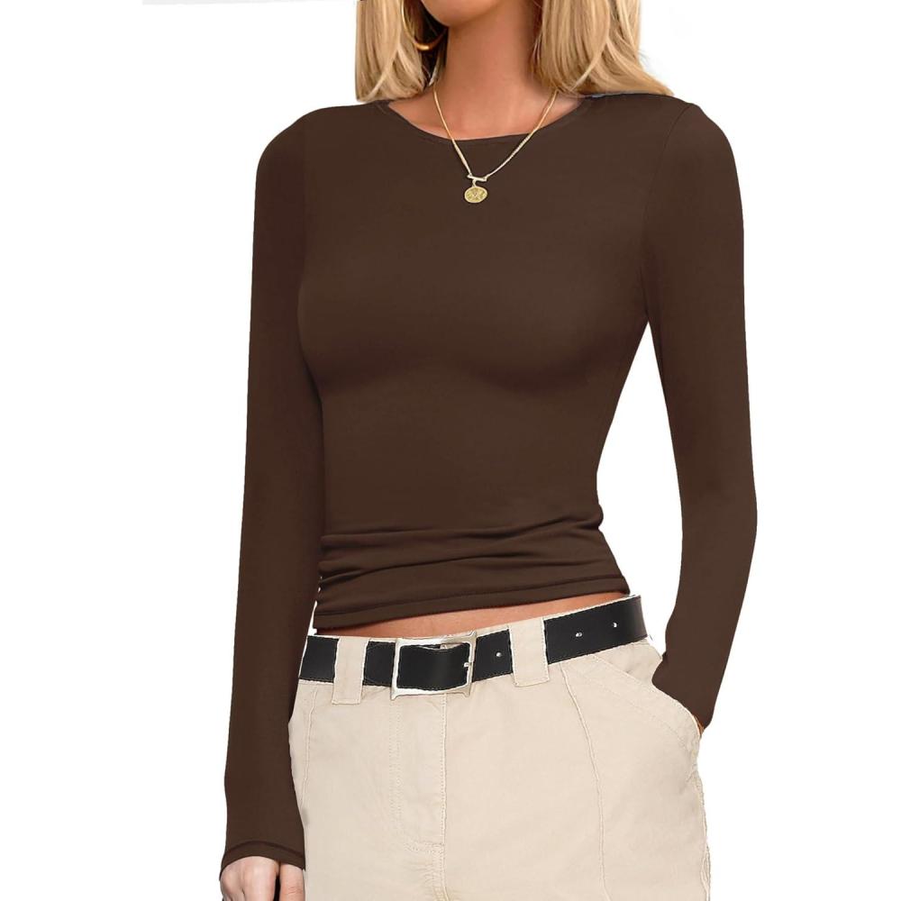 imageEkouaer Womens Long Sleeve Shirts Fitted Tops Stretchy Base Layer Basic Tight Thermal Undershirt XSXXLBrown