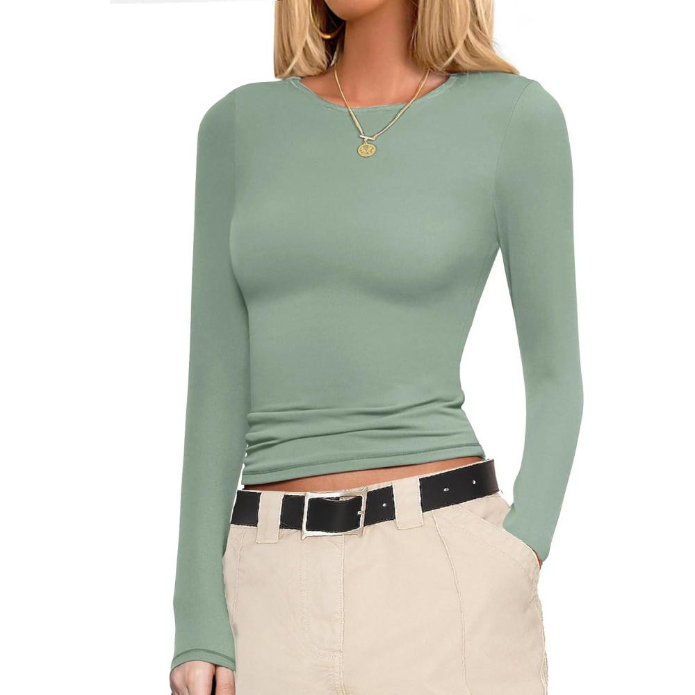 imageEkouaer Womens Long Sleeve Shirts Fitted Tops Stretchy Base Layer Basic Tight Thermal Undershirt XSXXLGreen