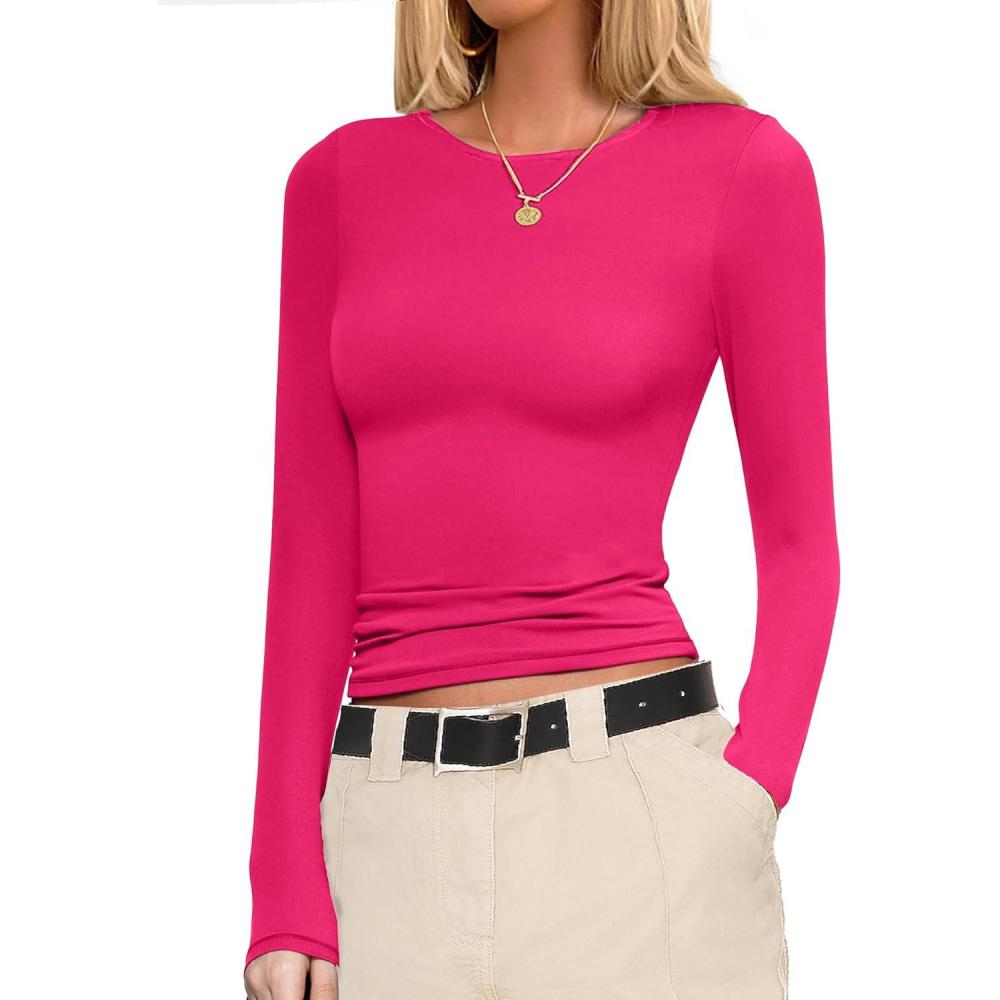 imageEkouaer Womens Long Sleeve Shirts Fitted Tops Stretchy Base Layer Basic Tight Thermal Undershirt XSXXLHot Pink