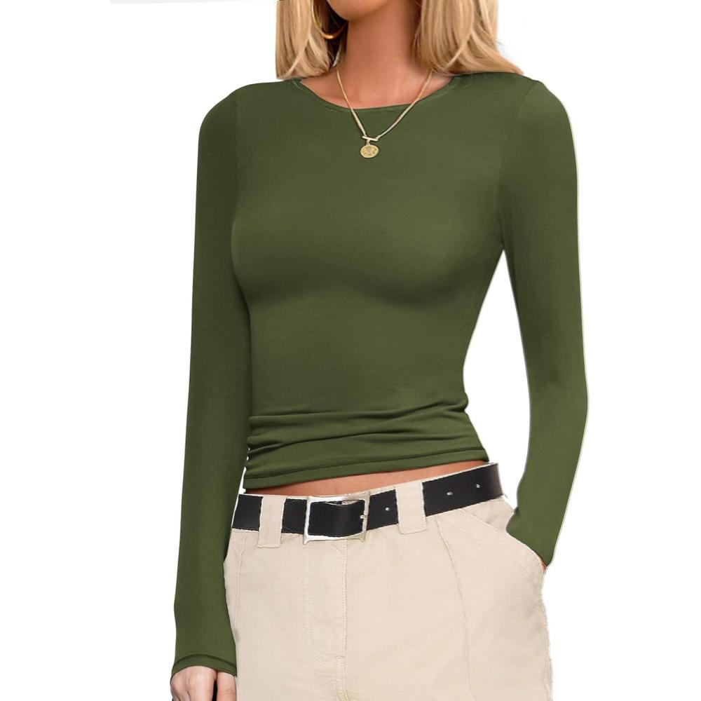 imageEkouaer Womens Long Sleeve Shirts Fitted Tops Stretchy Base Layer Basic Tight Thermal Undershirt XSXXLOlive Green