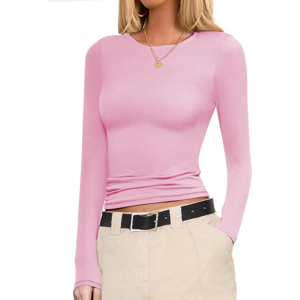 imageEkouaer Womens Long Sleeve Shirts Fitted Tops Stretchy Base Layer Basic Tight Thermal Undershirt XSXXLPink