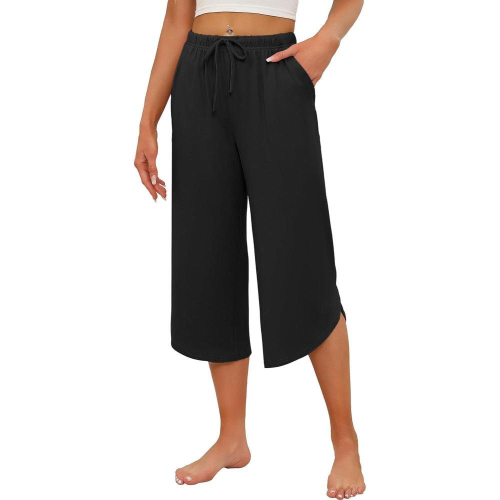 imageEkouaer Womens Pajama Pants Capri Wide Leg lounge Pj Pants Summer Comfy Drawstring Pajama Bottoms with PocketsBlack