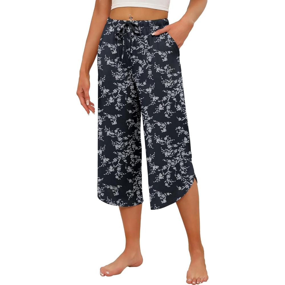 imageEkouaer Womens Pajama Pants Capri Wide Leg lounge Pj Pants Summer Comfy Drawstring Pajama Bottoms with PocketsBlack Flower