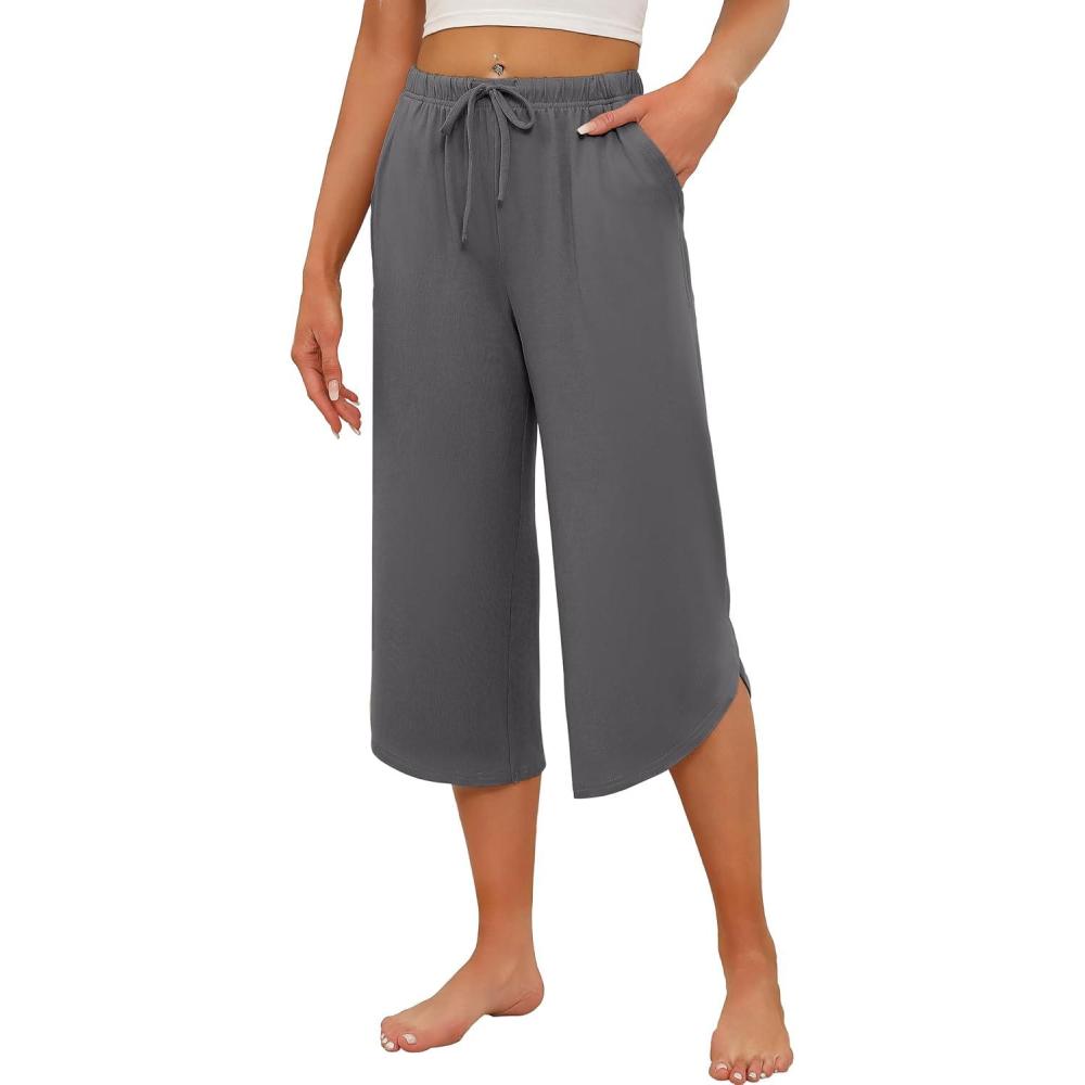 imageEkouaer Womens Pajama Pants Capri Wide Leg lounge Pj Pants Summer Comfy Drawstring Pajama Bottoms with PocketsDark Gray