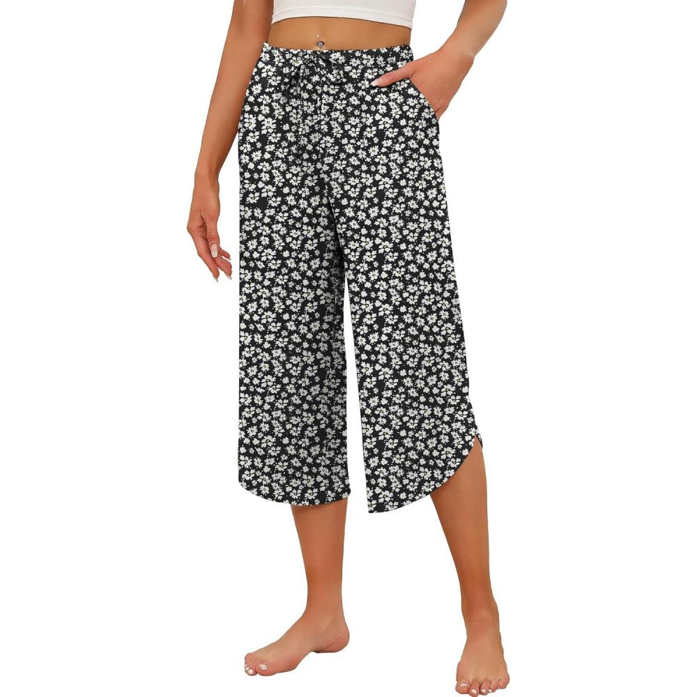 imageEkouaer Womens Pajama Pants Capri Wide Leg lounge Pj Pants Summer Comfy Drawstring Pajama Bottoms with PocketsFlower