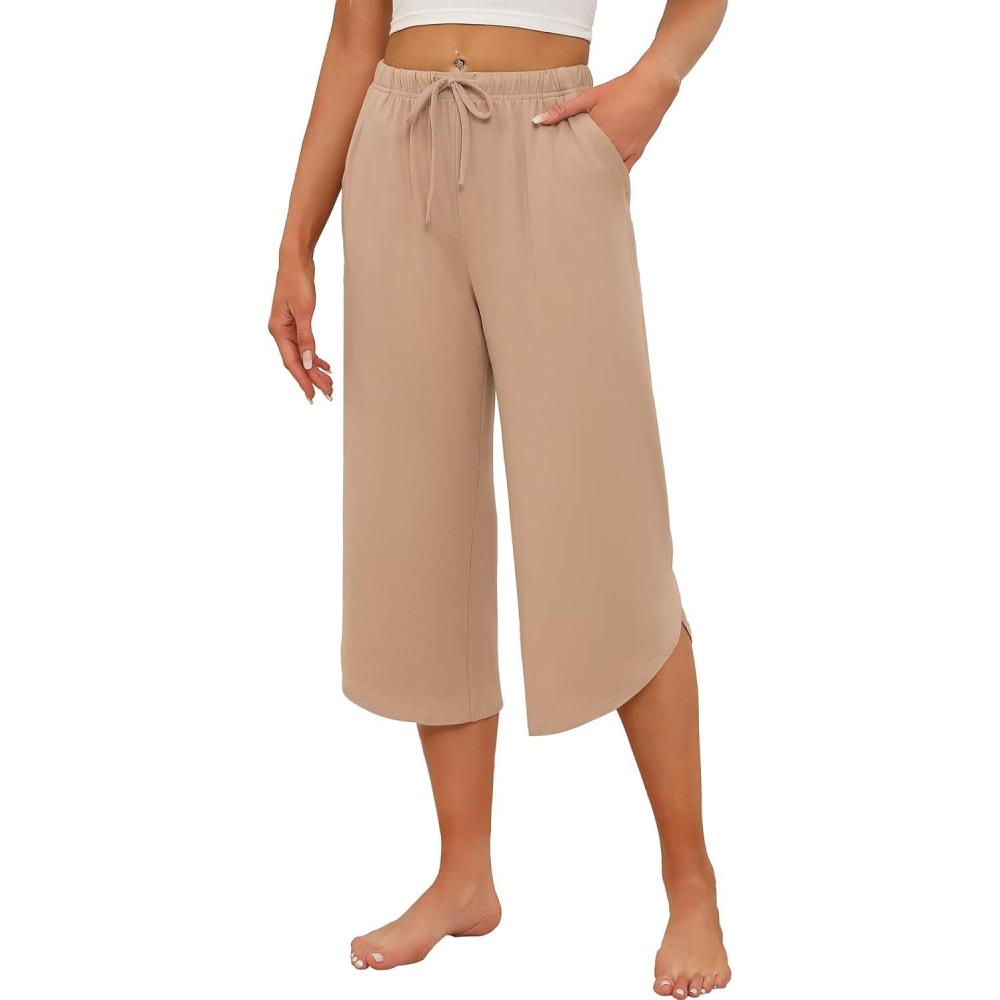 imageEkouaer Womens Pajama Pants Capri Wide Leg lounge Pj Pants Summer Comfy Drawstring Pajama Bottoms with PocketsKhaki