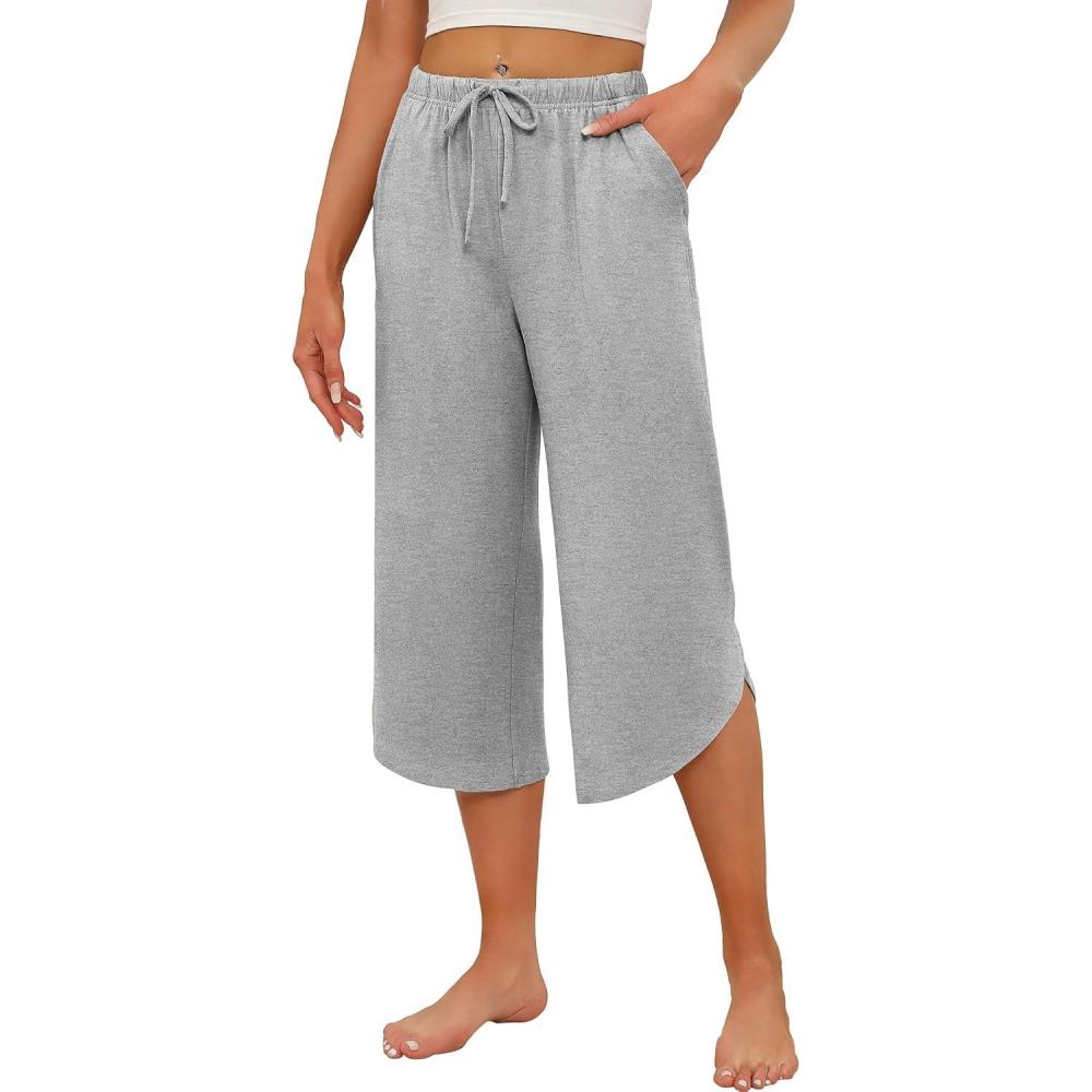 imageEkouaer Womens Pajama Pants Capri Wide Leg lounge Pj Pants Summer Comfy Drawstring Pajama Bottoms with PocketsLight Gray