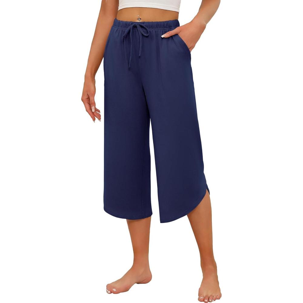 imageEkouaer Womens Pajama Pants Capri Wide Leg lounge Pj Pants Summer Comfy Drawstring Pajama Bottoms with PocketsNavy
