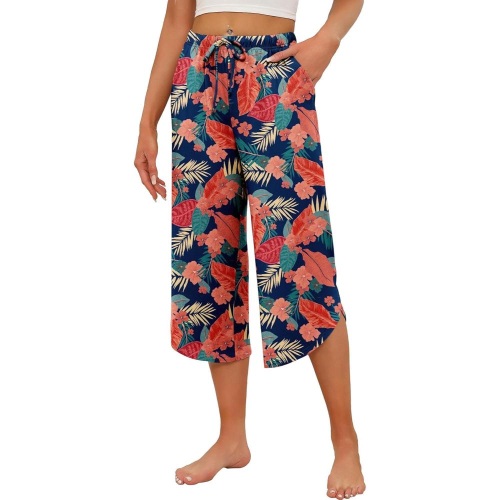 imageEkouaer Womens Pajama Pants Capri Wide Leg lounge Pj Pants Summer Comfy Drawstring Pajama Bottoms with PocketsRed Flower