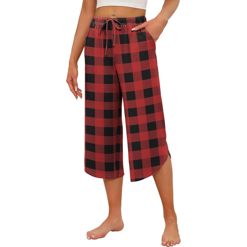 imageEkouaer Womens Pajama Pants Capri Wide Leg lounge Pj Pants Summer Comfy Drawstring Pajama Bottoms with PocketsRed Plaid