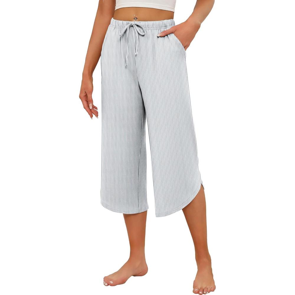 imageEkouaer Womens Pajama Pants Capri Wide Leg lounge Pj Pants Summer Comfy Drawstring Pajama Bottoms with PocketsWhite Stripes