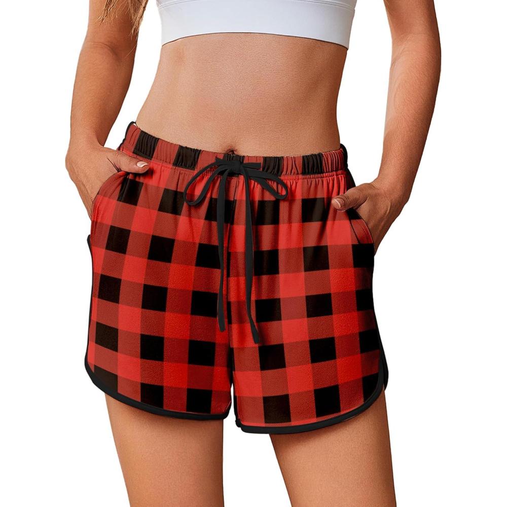 imageEkouaer Womens Pajama Shorts Elastic Waist Sleep Shorts Stylish Lounge Shorts Casual Comfy Sweat ShortsBlack Red Plaid
