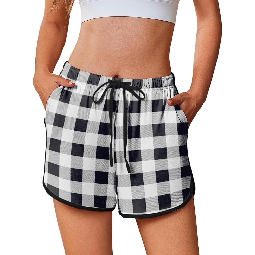 imageEkouaer Womens Pajama Shorts Elastic Waist Sleep Shorts Stylish Lounge Shorts Casual Comfy Sweat ShortsBlack White Plaid