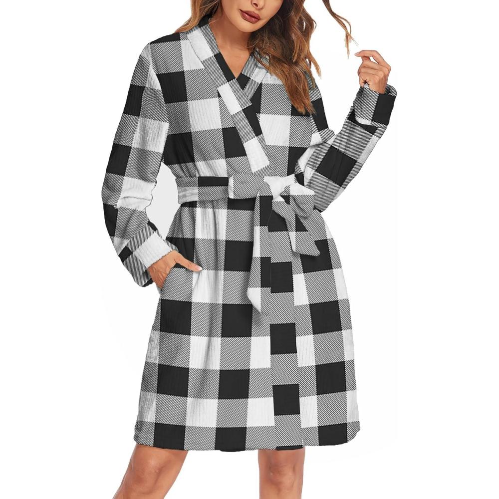 imageEkouaer Womens Robes Short Plush Bathrobe Knee Length Warm Soft Jacquard Robe Winter House Coat with Pockets SXXLBlackwhite Plaid